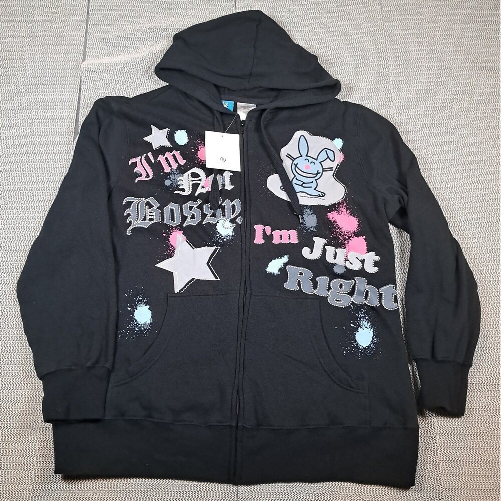 Happy Bunny Jim Benton Womens 1X Black Zip Hoodie Not BOSSY Vtg Y2K